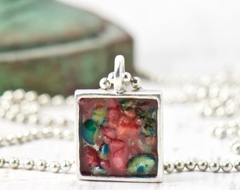 Orange Carnelian Green Agate Gemstones Silver Charm Necklace, Square Tile Resin Jewelry, Unique Minimalist Everyday Pendant