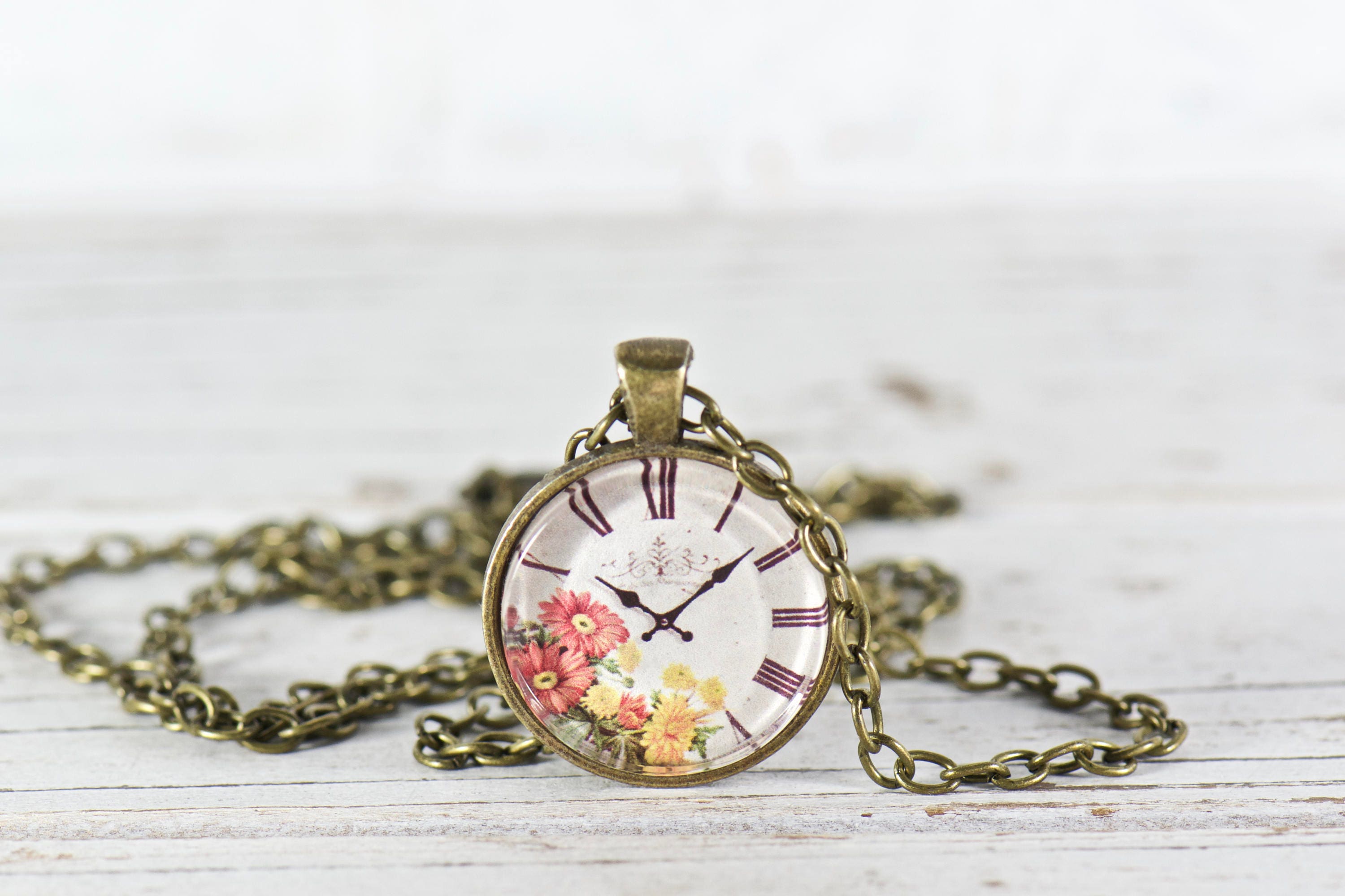 Steampunk Clock Pendant. Flowers Necklace. Vintage Inspired. Etsy