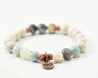 Copper Infinity Charm Bracelet - Amazonite Natural Riverstone 8mm Gemstone Bracelet - Jewelry Gifts for Her - Simple Stretch Bracelet Stack