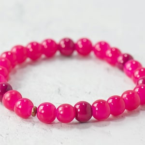 Hot Pink Beaded Minimalist Bracelet - Bracelet Stack - Stretch Gemstone Bracelet - Jewelry Gift for Her or Him - Simple Bead Bracelet