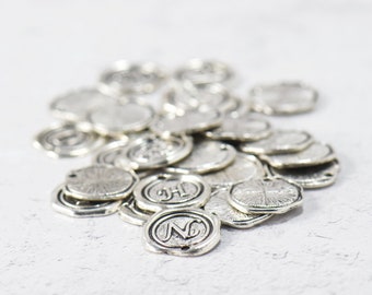 26 Wax Sealed Alphabet Letter Charms in Antique Silver Plated - Stamped Design - Small Round Bracelet Material Supply - Personalized Jewelry