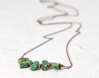 Chrysoprase Gemstone Sticks Copper Statement Necklace - Boho Inspired Gemstone Jewelry Gifts - Simple Minimalist Chain Necklace