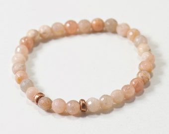Simple Intentions Gemstone Stretch Bracelet - Peach Moonstone 6mm - Copper - Minimalist Boho Bracelet Stack - Jewelry Gift - Beaded Bracelet