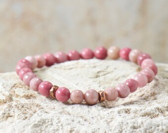 6mm Pink Rhodonite Gemstone Stretch Bracelet - Boho Bracelet Stack - Jewelry Gift for Her or Him - Minimalist Bracelet - Beaded Bracelet