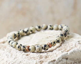 Dalmation Jasper 6mm Gemstone Bracelet - Boho Mini Bead Bracelet - Simple Stretch Copper Bracelet - Minimalist Jewelry Gift for Her or Him