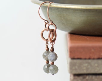 Gray Labradorite Gemstone Earrings - Copper Metal Earrings - Simple Jewelry Gifts for Her - Minimalist Earrings