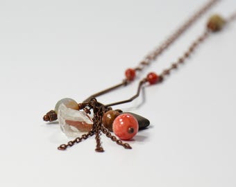 Long Beaded Tassel Copper Necklace - natural gemstones - link chain - Jewelry Gift for Her