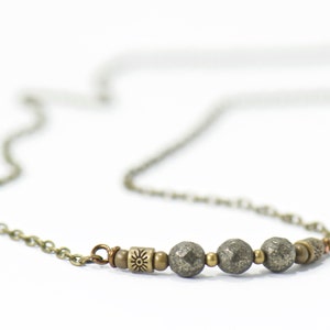 Pyrite Gemstones Necklace - Fool&#39;s Gold Pendant - Faceted Pyrite Brass Chain Necklace - Good Luck Jewelry Gift for Her