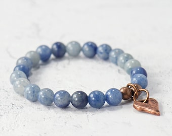 Gemstone Stretch Bracelet - Blue Arctic Agate Beads - Copper Rustic Heart Charm - Simple Stretch Bracelet - Bracelet Stack