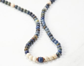 8mm Sunset Dumortierite Infinity Gemstone Necklace - Simple Blue Mala Bracelet Stack - Natural Riverstone Bead Minimalist Jewelry Gift