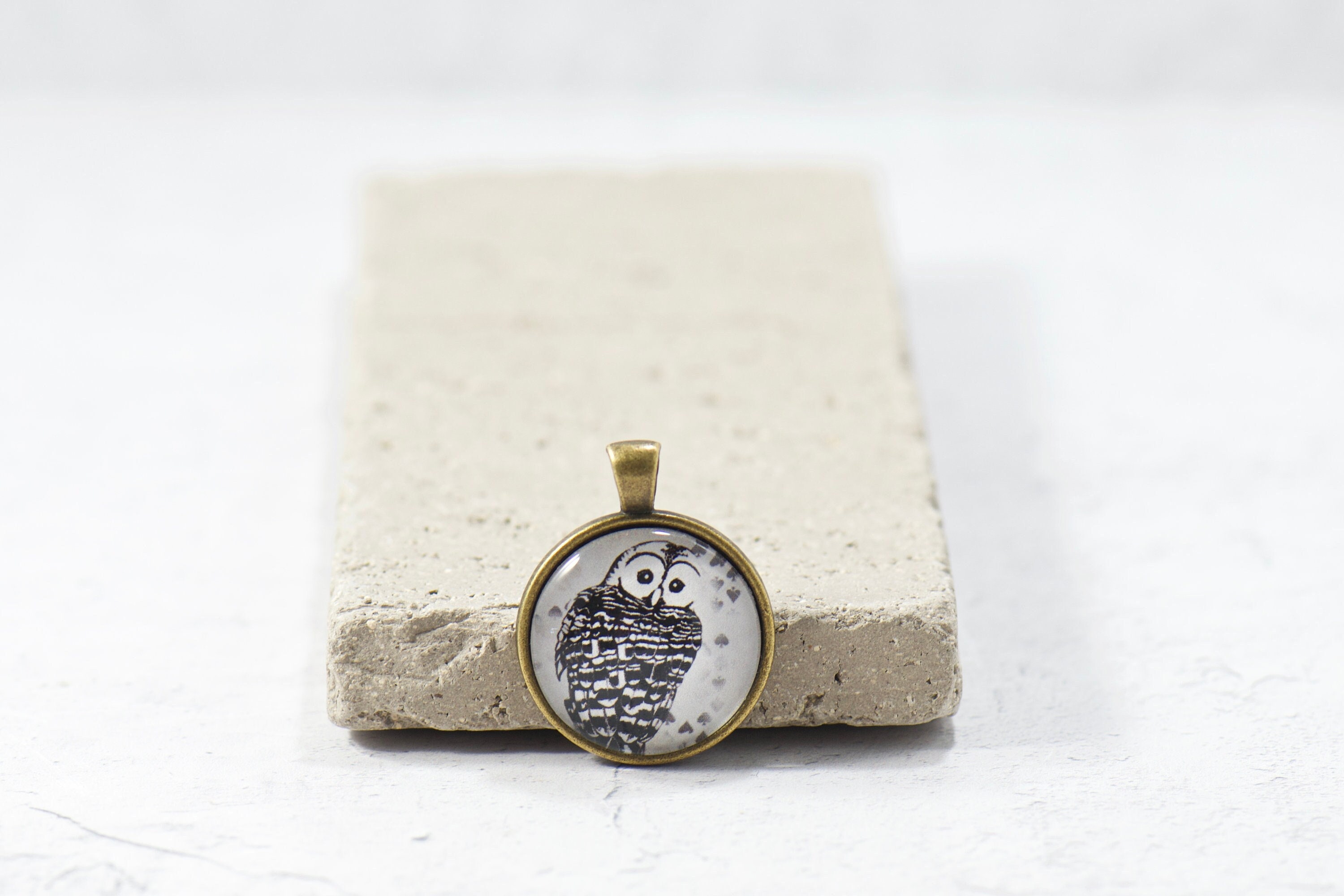 PENDANT ONLY, Black and White Owl Pendant, Book Style Art Deco Owl Design Pendant, Unique Brass Pend