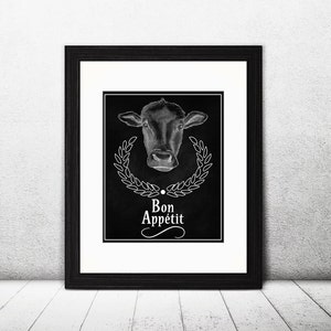 Cow Bon Appetit Sign, Chalkboard Art Sign, Printable Wall Art, Farmhouse Style, Cow Art, Modern Farmhouse, Kitchen Art, Dining Room Wall Art image 1