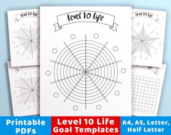 May include: Printable Level 10 Life Goal Templates in A4, A5, Letter, and Half Letter sizes. The templates feature different designs, including a circle with concentric circles, a heart, a star, and a grid.