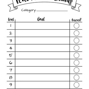 Puede incluir: Una p&aacute;gina de planificador imprimible en blanco y negro titulada "Level 10 Goal Details". La p&aacute;gina incluye secciones para categor&iacute;a, nivel, objetivo y una casilla de verificaci&oacute;n "&iquest;Logrado?". El dise&ntilde;o presenta una pancarta con el t&iacute;tulo.