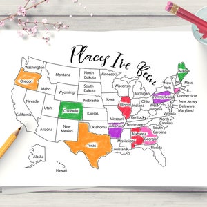 May include: A printable map of the United States with the states outlined in black. The states of Oregon, Colorado, Texas, Arkansas, Tennessee, Alabama, and Georgia are colored in. The text "Places I've Been" is written in cursive at the top of the map.