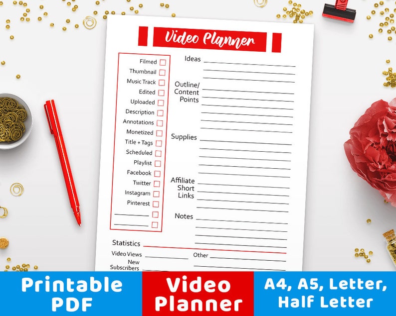 Video Planner Printable Youtube Planner Vlog Planner Video Etsy