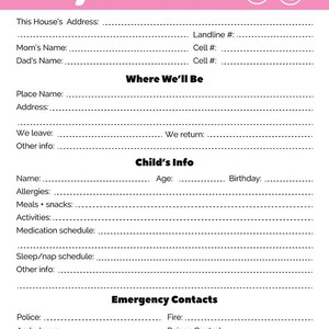 Babysitter Notes Printable, Babysitter Info Sheet, Babysitter Printable ...