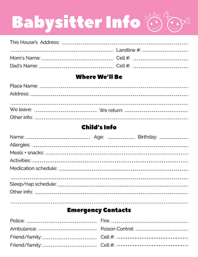 Babysitter Notes Printable Babysitter Info Sheet Babysitter | Etsy
