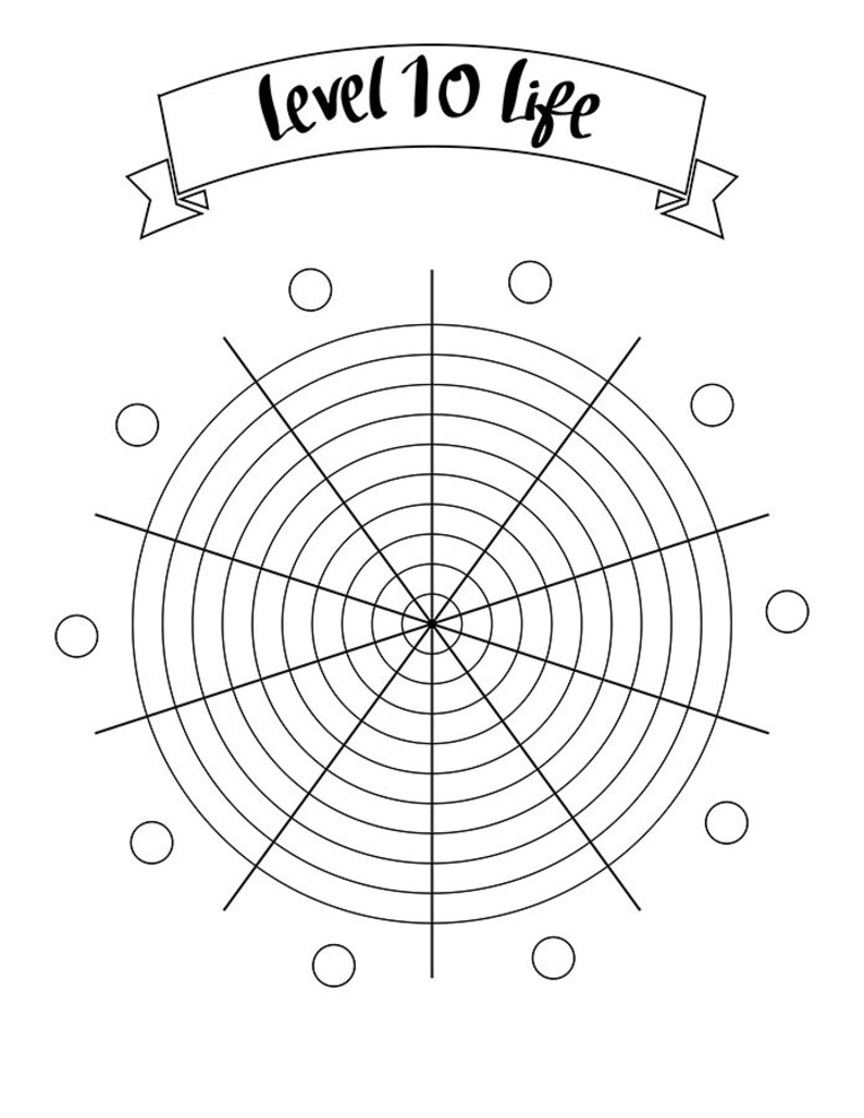 Puede incluir: Gr&aacute;fico en blanco y negro con el texto "Level 10 Life" en una pancarta. El dise&ntilde;o presenta un gr&aacute;fico circular dividido en segmentos, con c&iacute;rculos alrededor del per&iacute;metro, para la planificaci&oacute;n y objetivos.