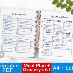 Maaltijd planner + boodschappenlijst afdrukbaar- zwart + wit, wekelijkse maaltijd planner afdrukbaar, afdrukbare menu planner, boodschappenlijst, maaltijd schema