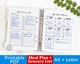 Meal Planner + Grocery List Printable- Black + White, Weekly Meal Planner Printable, Printable Menu Planner, Shopping List, Meal Schedule