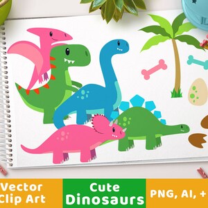 Cute Dinosaur Clipart, Dino Clipart, T-Rex Clipart, Prehistoric Clipart, Dinosaur Party, Triceratops Clipart, Pink Dinosaur, Blue Dinosaur