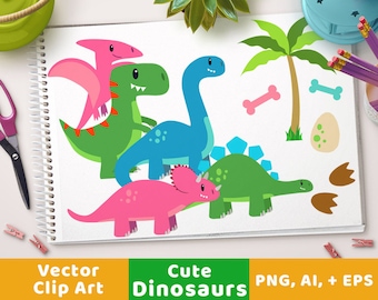 Cute Dinosaur Clipart, Dino Clipart, T-Rex Clipart, Prehistoric Clipart, Dinosaur Party, Triceratops Clipart, Pink Dinosaur, Blue Dinosaur
