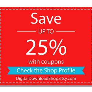 Puede incluir: Un gr&aacute;fico rectangular rojo con texto blanco que dice "Ahorra hasta un 25% con cupones". Una pancarta azul en la parte inferior dice "Consulta el perfil de la tienda". La direcci&oacute;n del sitio web DigitalDownloadShop.etsy.com est&aacute; en la parte inferior.