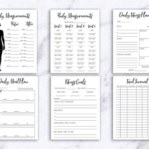 May include: Printable fitness tracker pages with sections for body measurements, daily meal plan, fitness goals, daily fitness planner, and food journal. The pages are black and white with a simple design.
