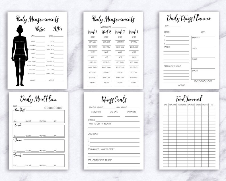 May include: Printable fitness tracker pages with sections for body measurements, daily meal plan, fitness goals, daily fitness planner, and food journal. The pages are black and white with a simple design.
