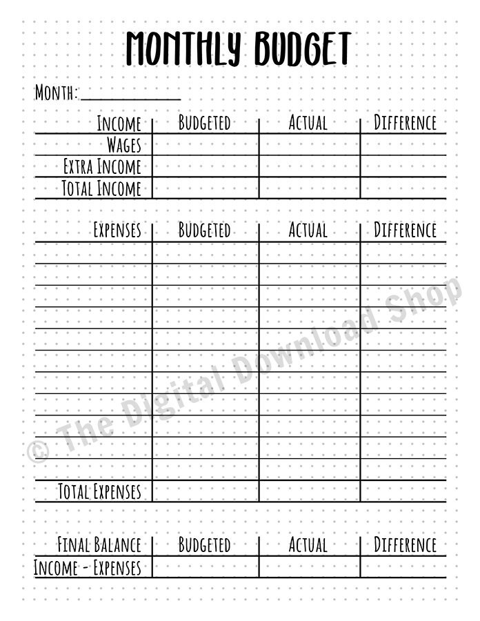 Monthly Budget Printable Bullet Journal Budget Printable | Etsy