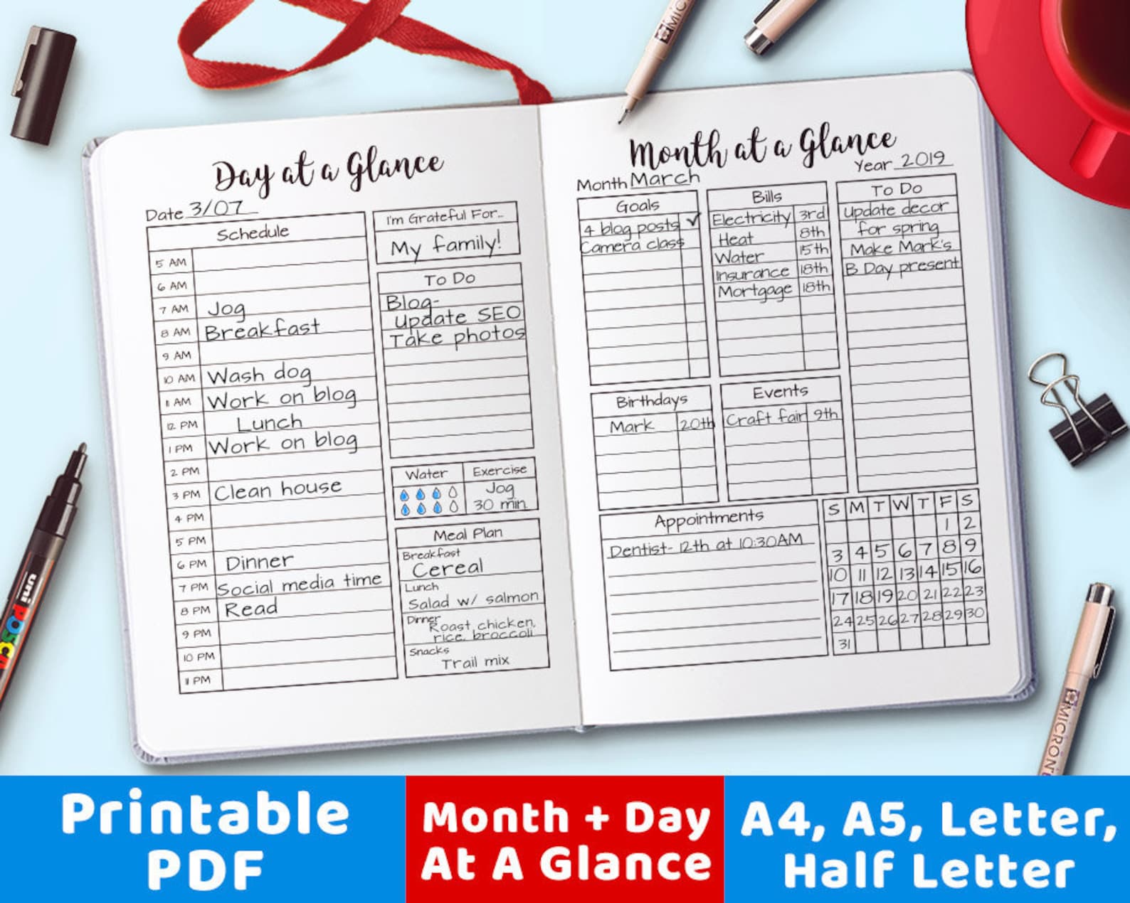 Month at a Glance Printable + Day at a Glance Bujo Journal Printable ...
