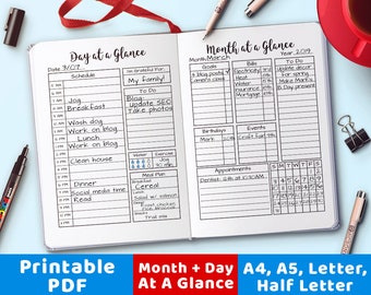 Month at a Glance Printable + Day at a Glance Bujo Journal Printable, Daily Schedule Printable, Monthly Planner, Hourly Schedule, Bujo PDF