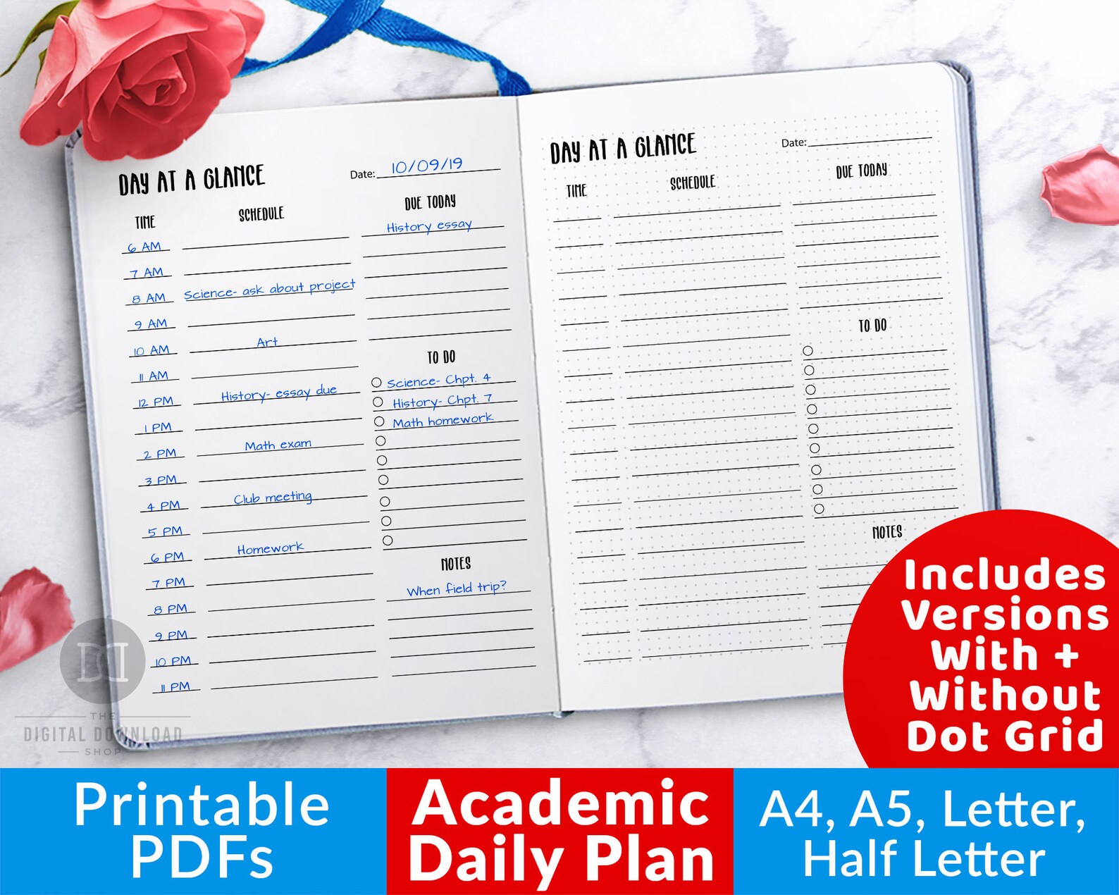 Academic Daily Planner Printable Bullet Journal Day at a | Etsy