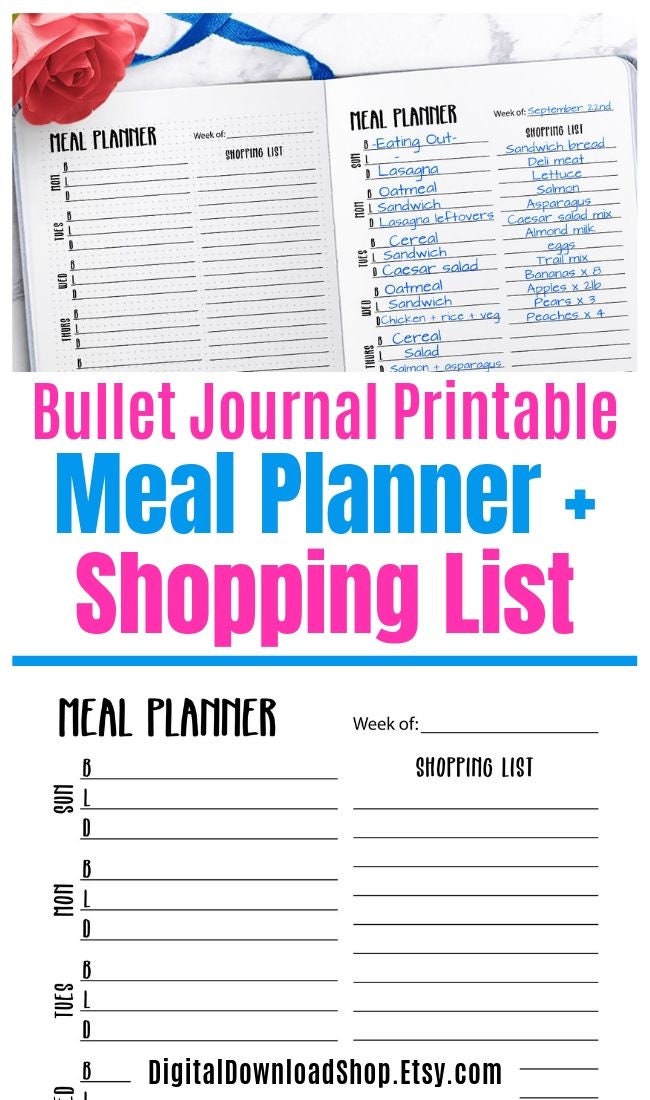 Meal Planner Printable Bullet Journal Menu Planner Shopping | Etsy