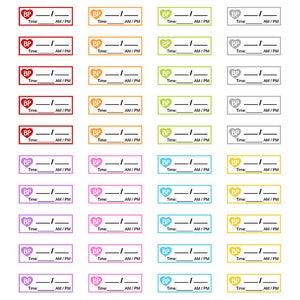 Op de afbeelding: Een bedrukbaar vel met 32 stickers voor het bijhouden van de bloeddruk. Elke sticker heeft een hart met de letters BP erin, een regel voor de bloeddrukmeting en een regel voor de tijd. De stickers zijn in verschillende kleuren, waaronder rood, oranje, geel, groen, grijs, paars, roze, blauw en lichtblauw.
