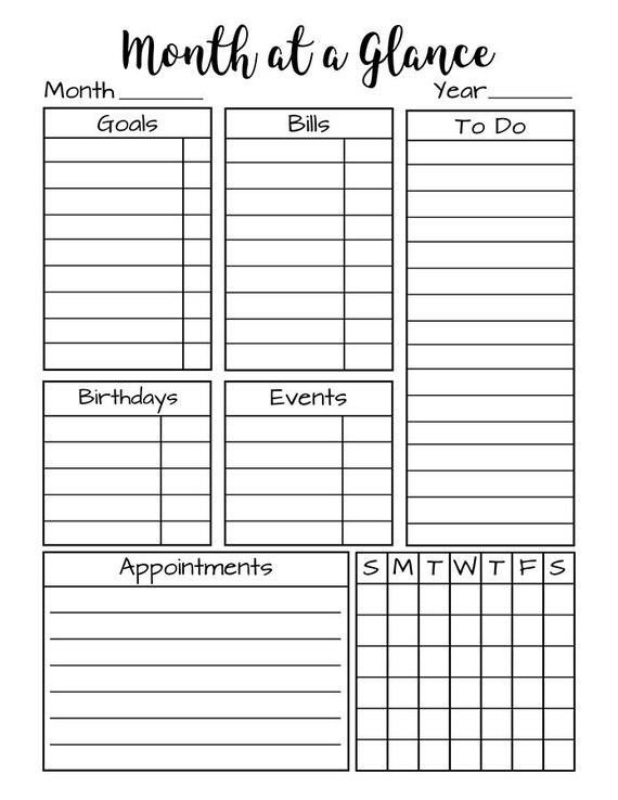 month at a glance printable day at a glance bullet journal etsy