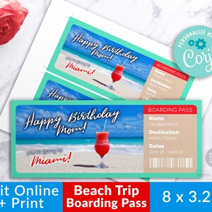 Modello di carta d'imbarco stampabile, biglietto per vacanze in spiaggia modificabile, pass per biglietti aerei falsi, biglietto a sorpresa, vacanze a Miami, viaggio in Florida