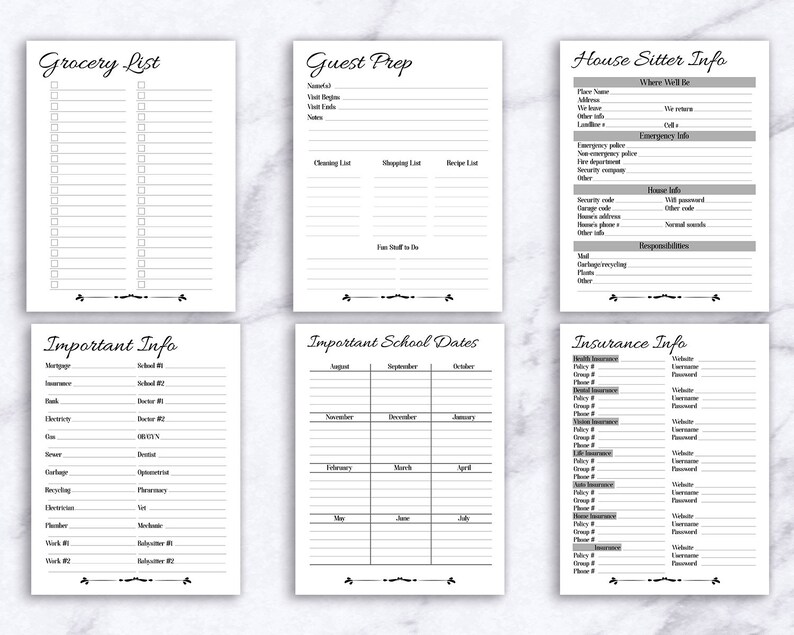 May include: A printable checklist for house sitters, including sections for grocery lists, guest preparation, important information, school dates, and insurance information.