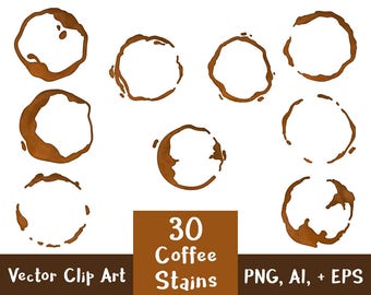 30 Coffee Stains Clipart- Watercolor + Black, Coffee Ring Clipart, Coffee Spill, Spots, Coffee Texture, Coffee Cup Stain,  PNG, AI, + EPS