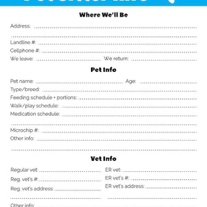 Pet Sitter Info Sheet Printable, Pet Info Sheet, Pet Sitter Checklist, Pet Sitter Notes, Dog ...