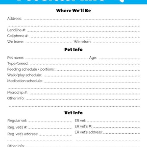 Pet Sitter Info Sheet Printable, Pet Info Sheet, Pet Sitter Checklist, Pet Sitter Notes, Dog Sitter Printable, Cat Sitter Printable, Planner image 4