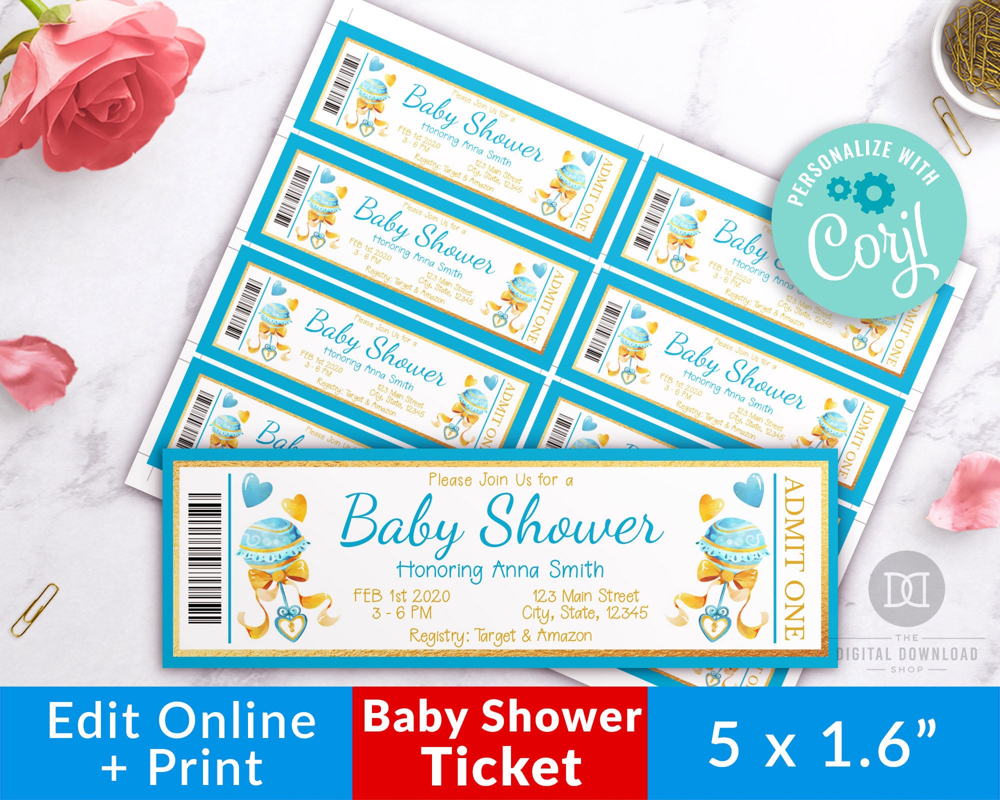 boy baby shower invite ticket template printable blue and etsy