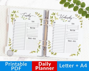 Daily Planner Printable- Watercolor Greenery, Undated Daily Planner Pages, Undated Printable Day Plan, Day Organizer Daily Schedule Download