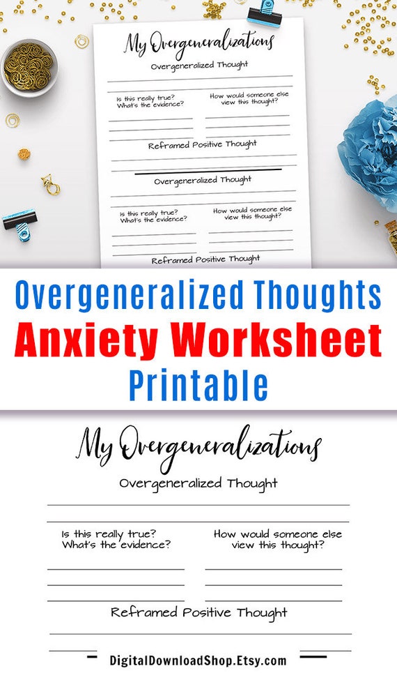 Anxiety Worksheet Printable Overgeneralized Thought Etsy Israel