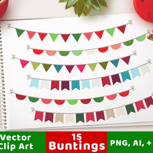 May include: A set of 15 vector clip art bunting flags in various colors and patterns. The bunting flags are in the shape of triangles and half circles. The text "15 Buntings" is in red and green text. The text "Vector Clip Art" is in green text. The text "PNG, AI, + EPS" is in black text.