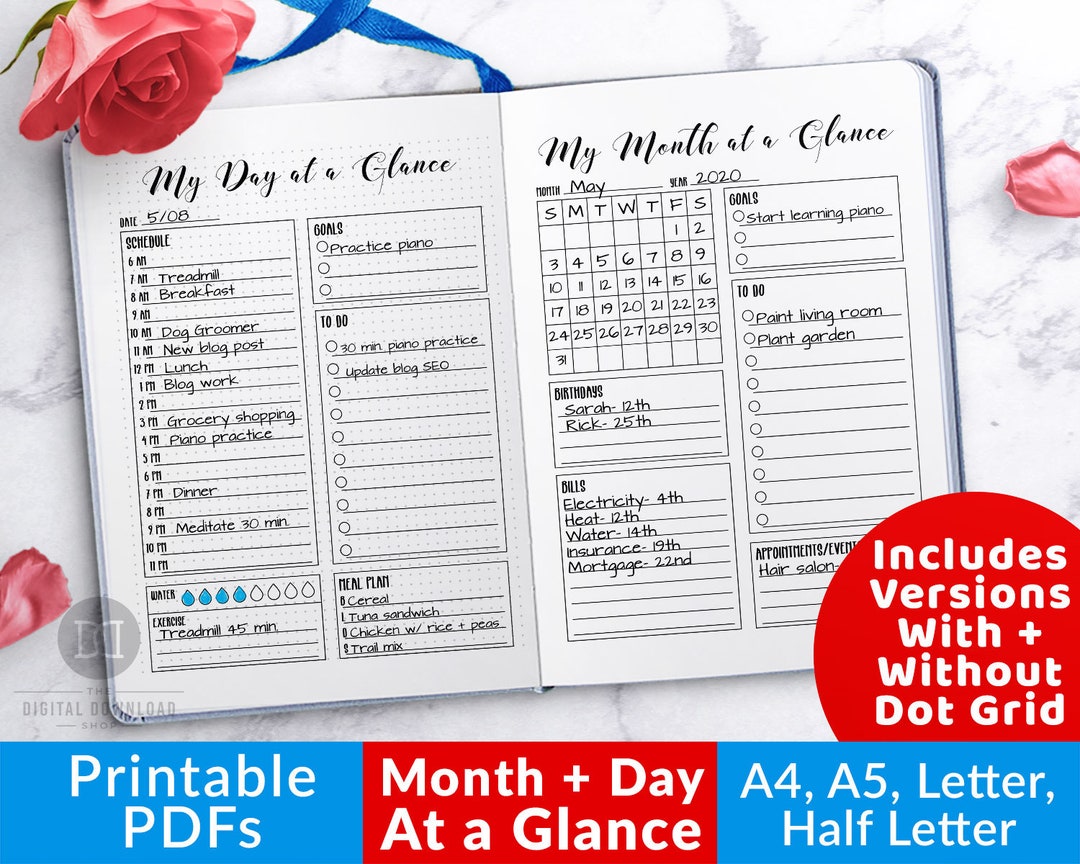 Day at a Glance Printable + Month at a Glance Bullet Journal Printable ...