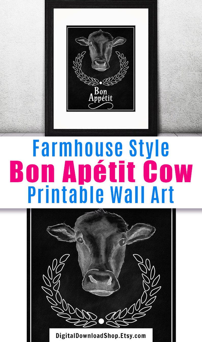 Cow Bon Appetit Sign, Chalkboard Art Sign, Printable Wall Art, Farmhouse Style, Cow Art, Modern Farmhouse, Kitchen Art, Dining Room Wall Art image 4