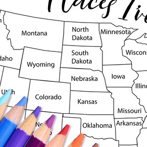 May include: A black and white outline map of the United States with the names of each state labeled.  Colored pencils are arranged in a row at the bottom of the image.