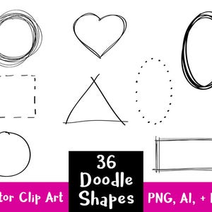 36 Doodle Clipart Shapes, Sketch Clipart, Basic Shapes Clipart, Heart Clipart, Circle Frame Clipart, Rectangle Border, Commercial Use
